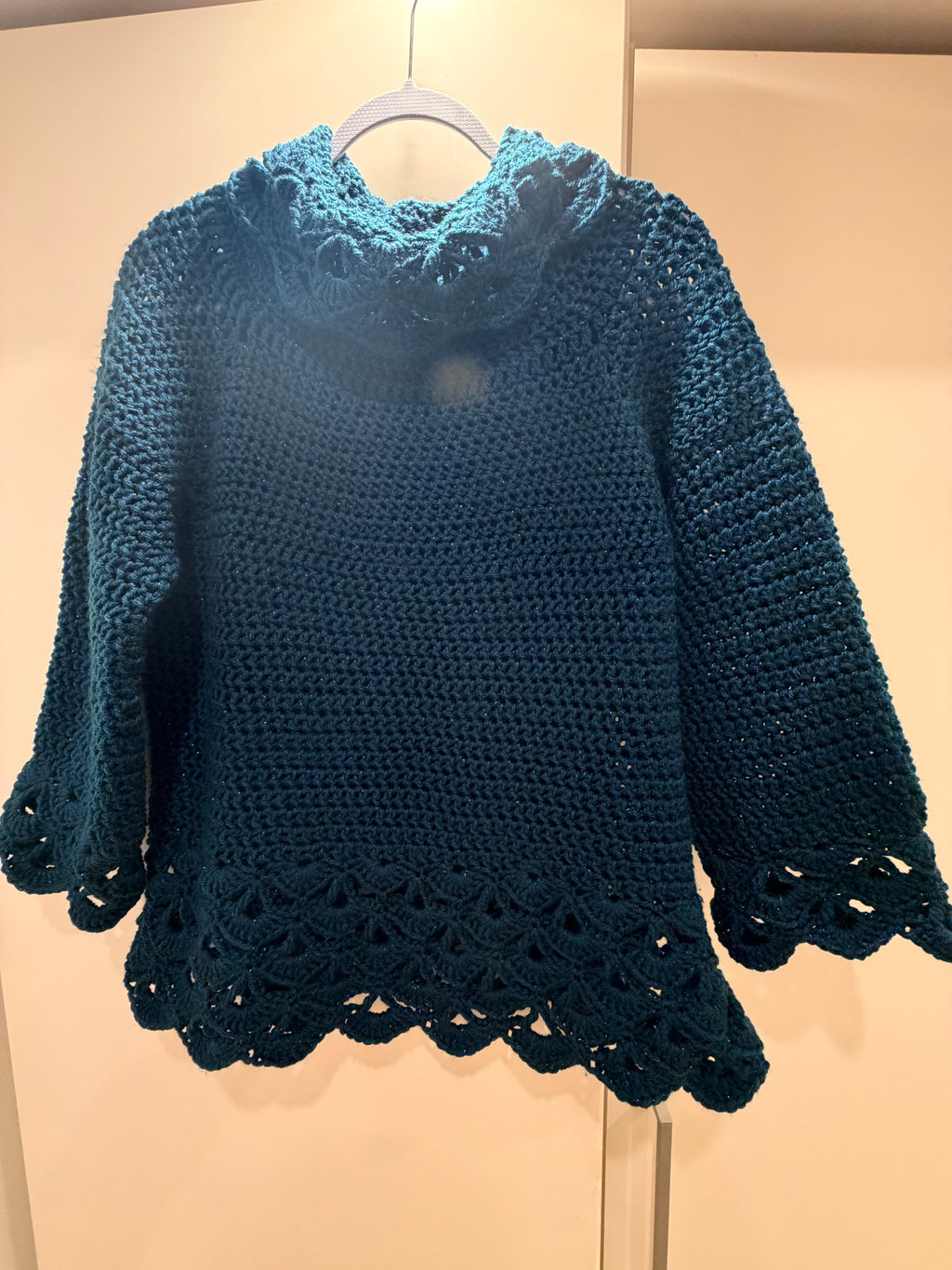HANDMADE Midnight blue wool sweater, with blue lame thread