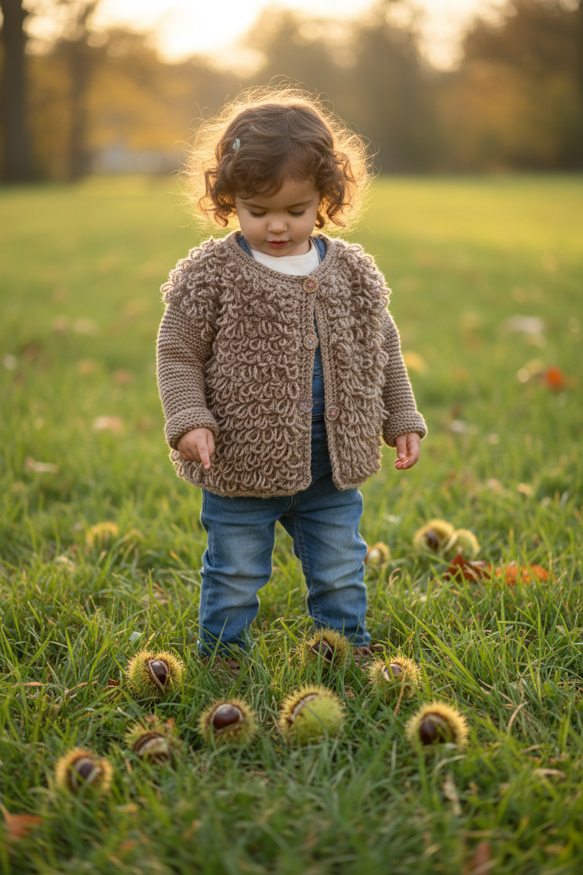 Bambina con giacchino su prato con castagne