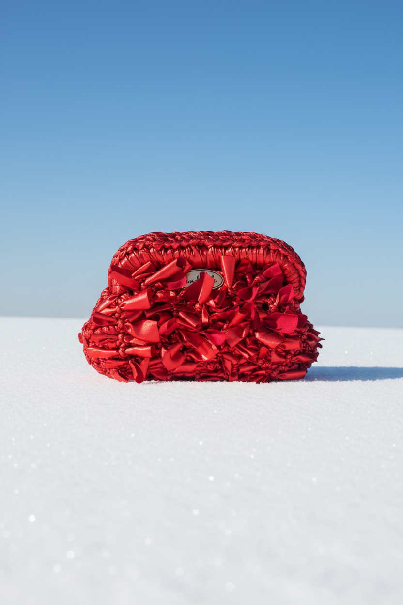 Borsa rossa sulla neve luce diffusa