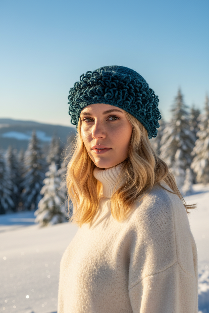 Modella bionda con cappello teal in giornata di sole sulla neve