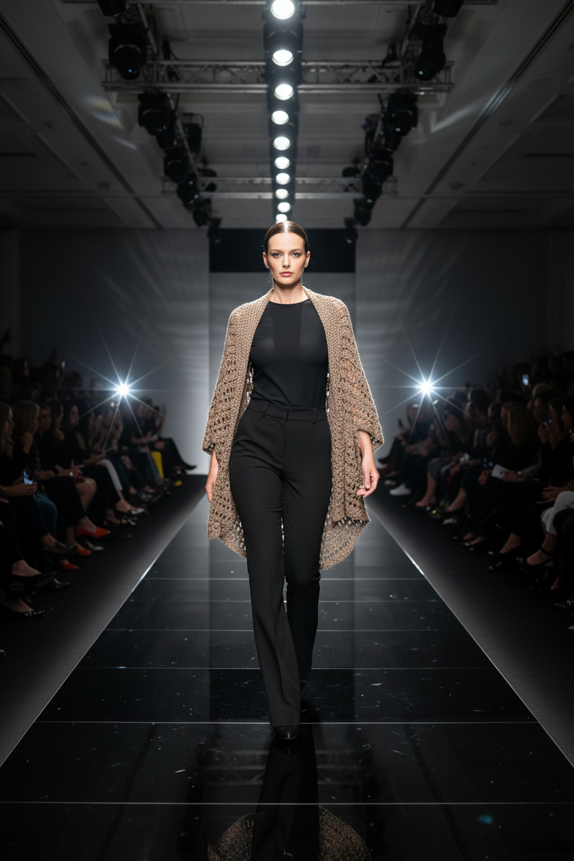 Modella che sfila con cardigan a uncinetto