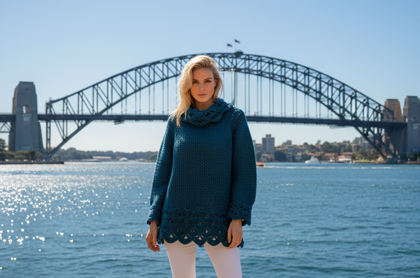 HANDMADE Midnight blue wool sweater, with blue lame thread