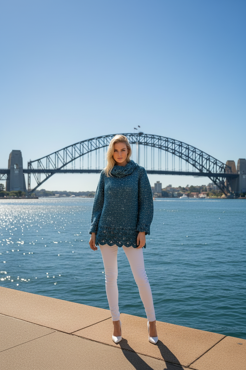 HANDMADE Midnight blue wool sweater, with blue lame thread