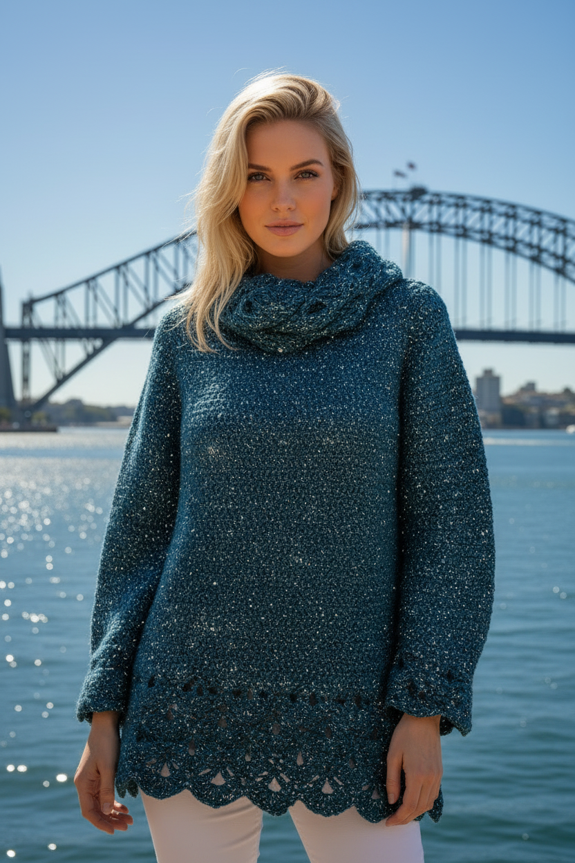 HANDMADE Midnight blue wool sweater, with blue lame thread
